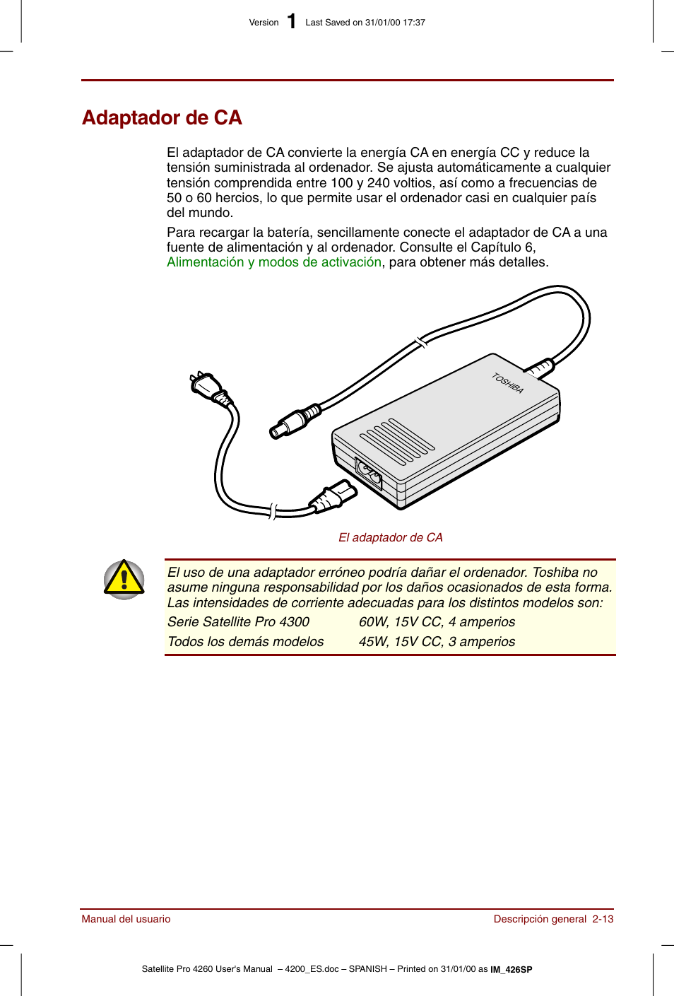 Adaptador de ca, Adaptador de ca -13 | Toshiba Satellite Pro 4280 User Manual | Page 47 / 238