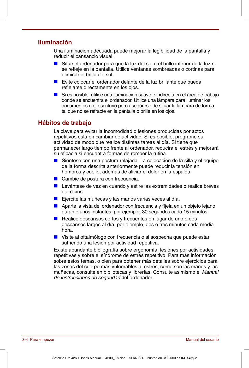 Iluminación -4 hábitos de trabajo -4, Iluminación, Hábitos de trabajo | Toshiba Satellite Pro 4280 User Manual | Page 52 / 238