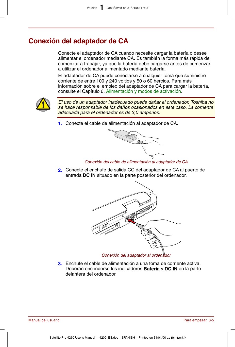 Conexión del adaptador de ca, Conexión del adaptador de ca -5 | Toshiba Satellite Pro 4280 User Manual | Page 53 / 238