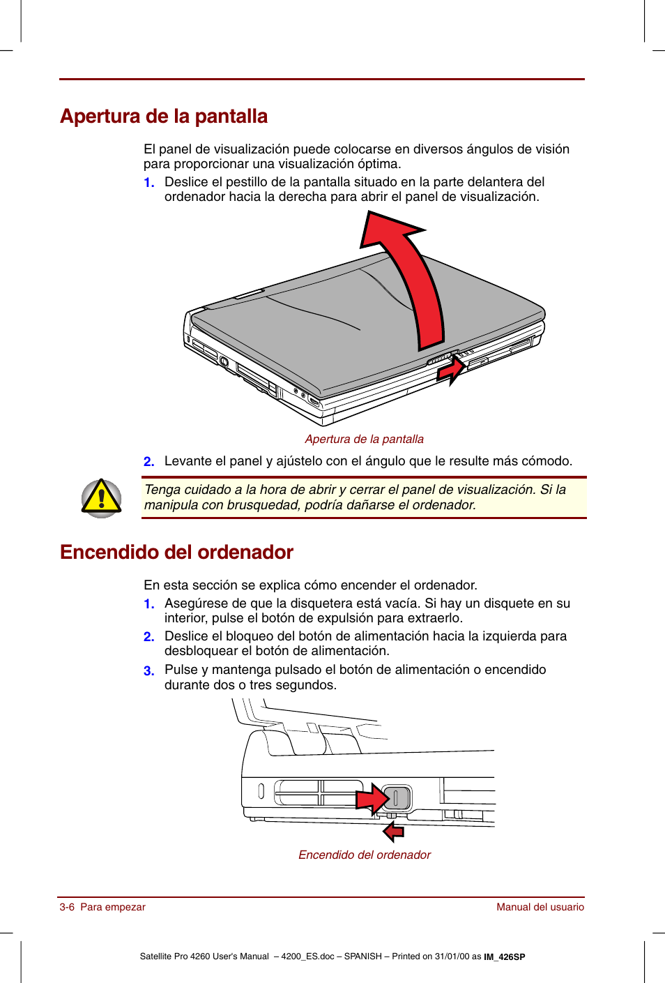 Apertura de la pantalla, Encendido del ordenador | Toshiba Satellite Pro 4280 User Manual | Page 54 / 238
