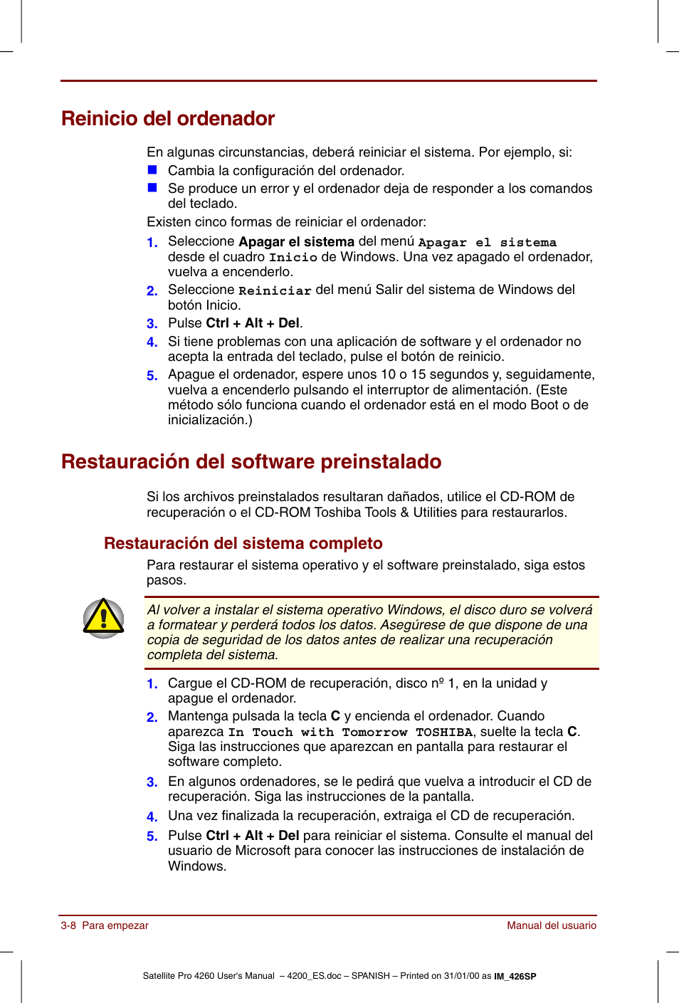 Reinicio del ordenador, Restauración del software preinstalado, Restauración del sistema completo -8 | Restauración del sistema completo | Toshiba Satellite Pro 4280 User Manual | Page 56 / 238