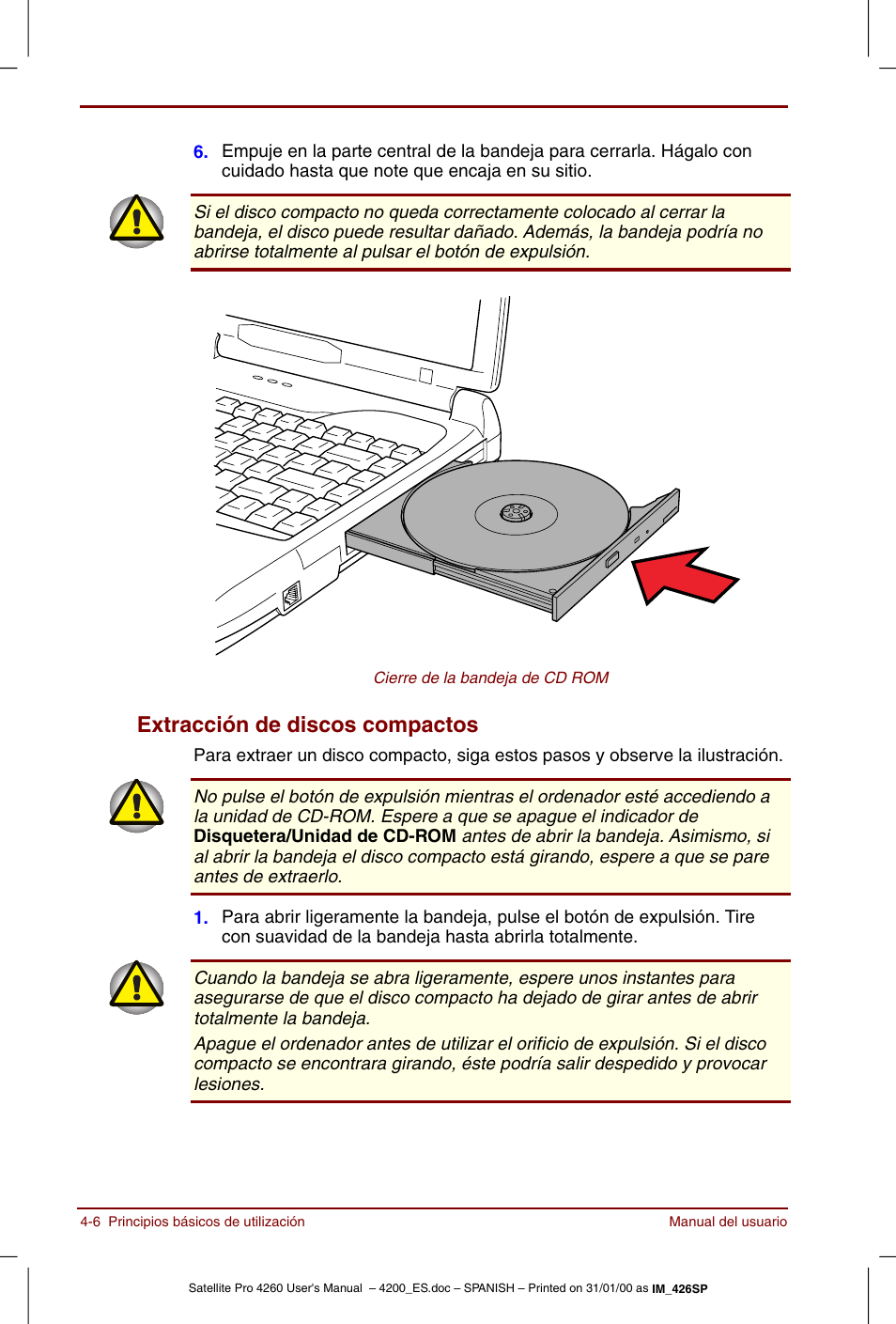 Extracción de discos compactos -6, Extracción de discos compactos | Toshiba Satellite Pro 4280 User Manual | Page 64 / 238