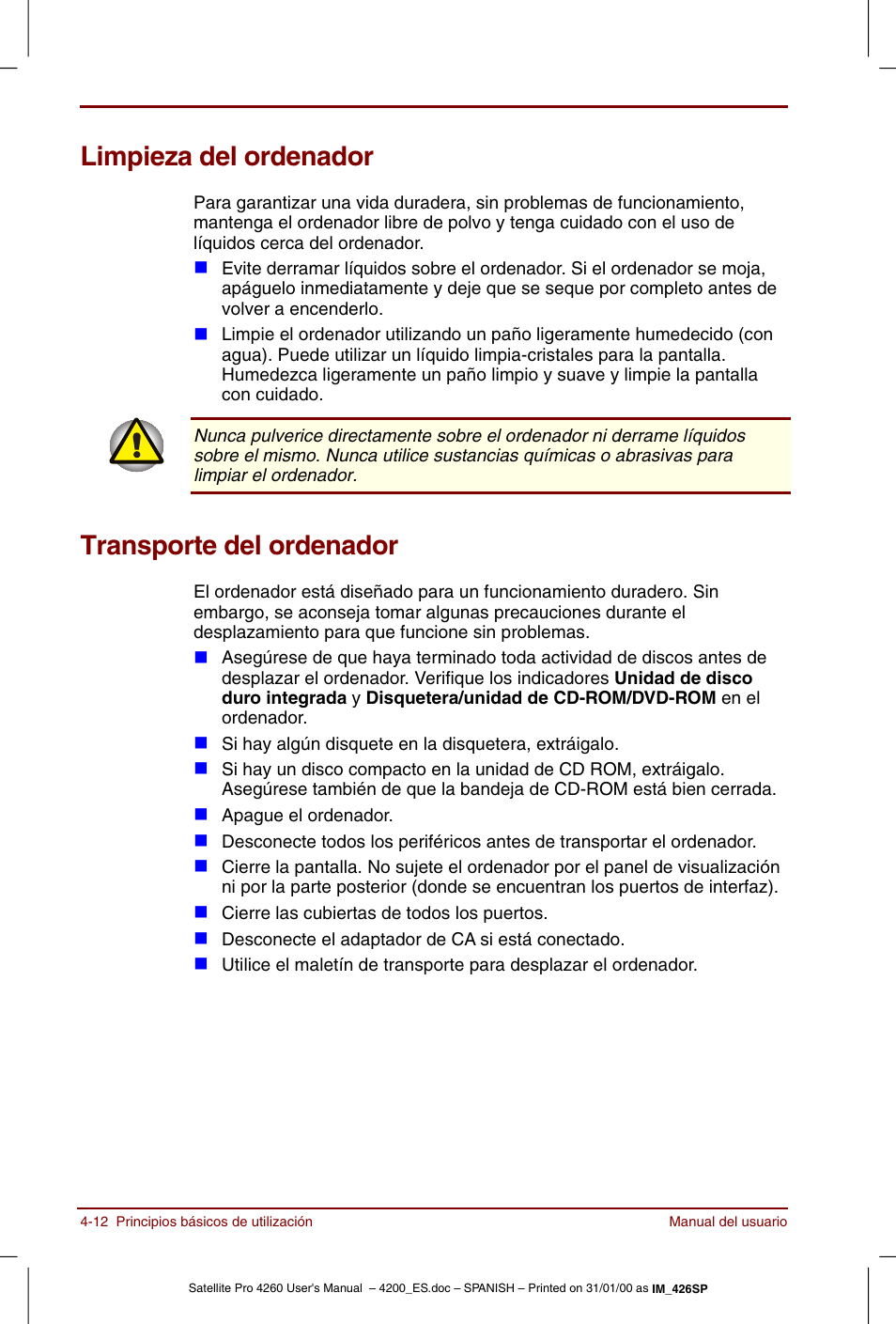 Limpieza del ordenador, Transporte del ordenador | Toshiba Satellite Pro 4280 User Manual | Page 70 / 238