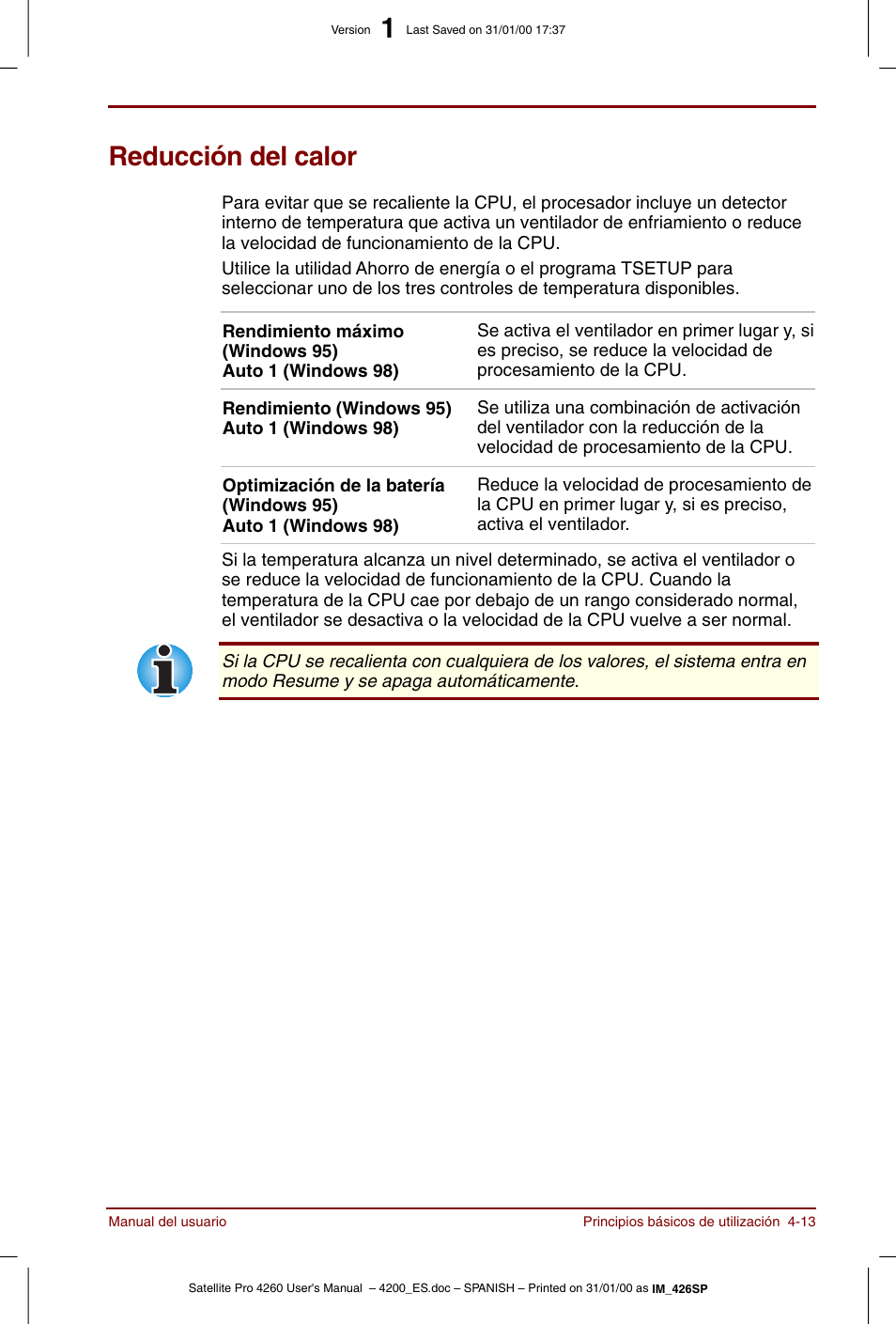 Reducción del calor, Reducción del calor -13 | Toshiba Satellite Pro 4280 User Manual | Page 71 / 238