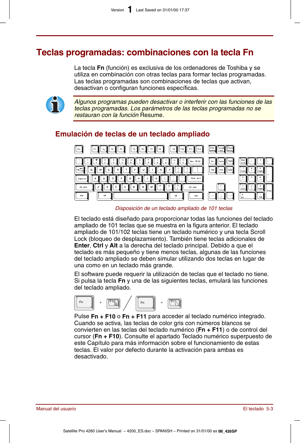 Teclas programadas: combinaciones con la tecla fn, Emulación de teclas de un teclado ampliado -3, Emulación de teclas de un teclado ampliado | Toshiba Satellite Pro 4280 User Manual | Page 75 / 238