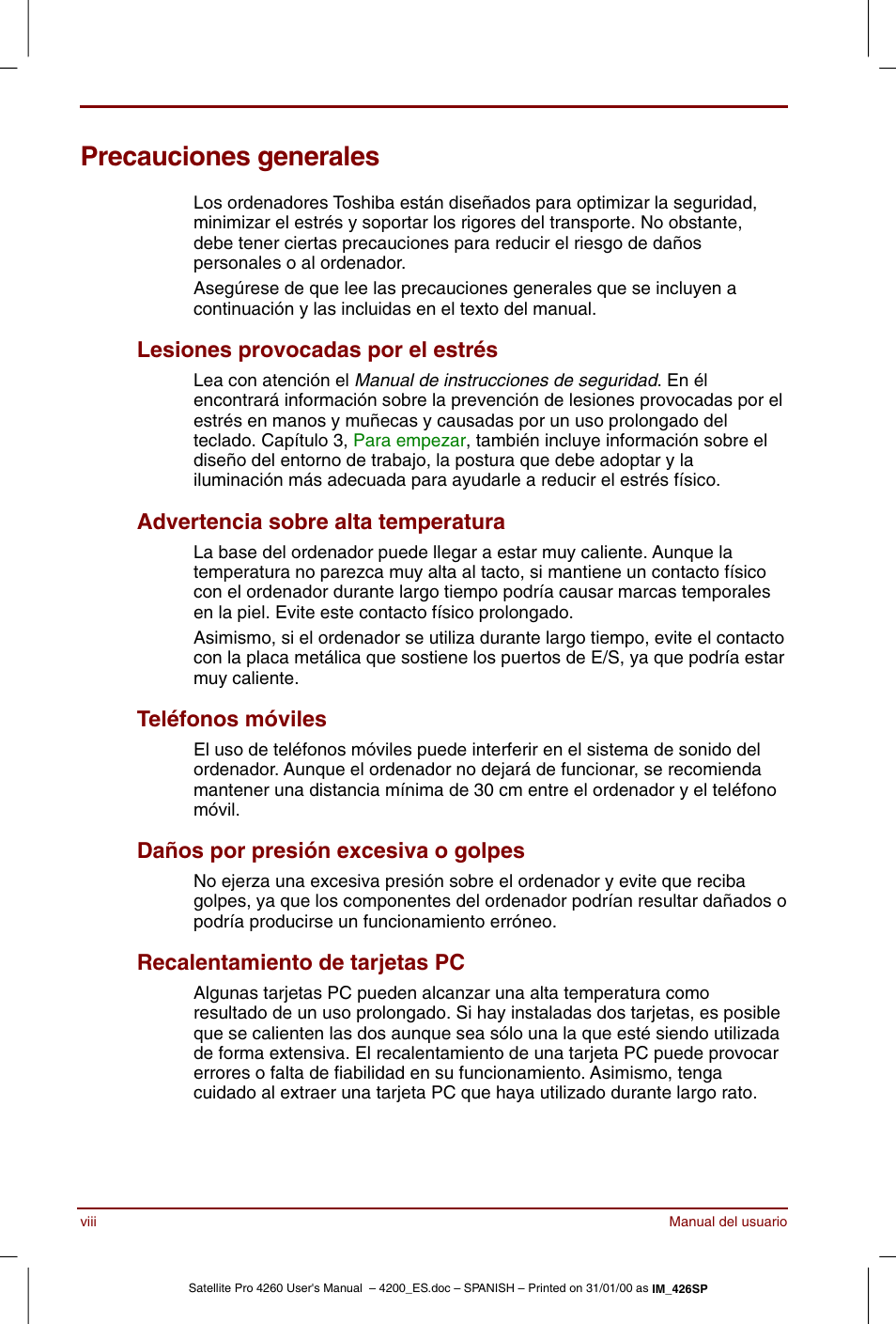 Precauciones generales | Toshiba Satellite Pro 4280 User Manual | Page 8 / 238