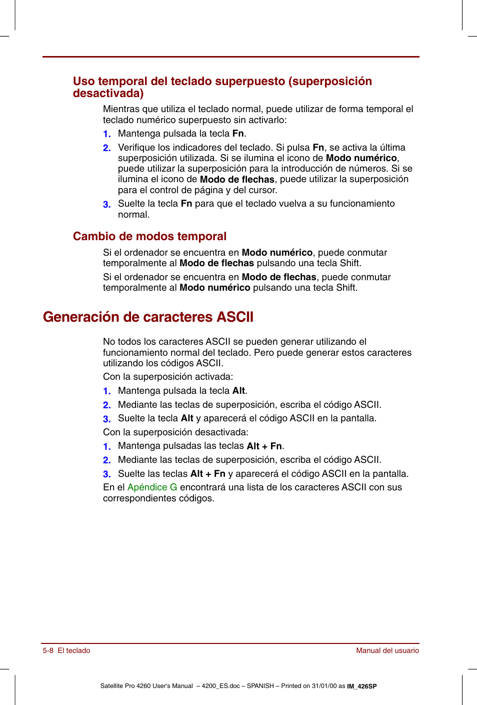 Generación de caracteres ascii, Desactivada) -8 cambio de modos temporal -8, Generación de caracteres ascii -8 | Cambio de modos temporal | Toshiba Satellite Pro 4280 User Manual | Page 80 / 238