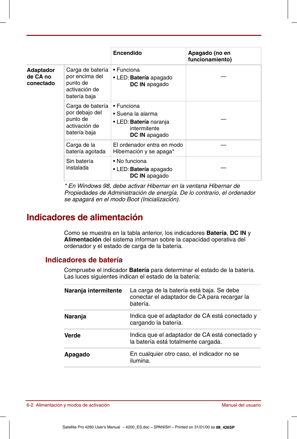 Indicadores de alimentación, Indicadores de alimentación -2, Indicadores de batería -2 | Indicadores de batería | Toshiba Satellite Pro 4280 User Manual | Page 82 / 238