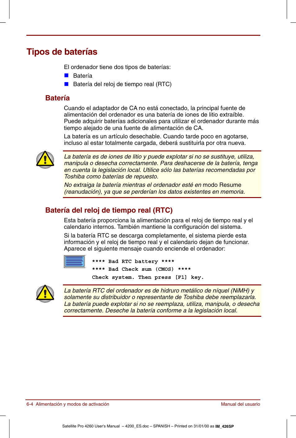Tipos de baterías, Tipos de baterías -4, Batería | Batería del reloj de tiempo real (rtc) | Toshiba Satellite Pro 4280 User Manual | Page 84 / 238