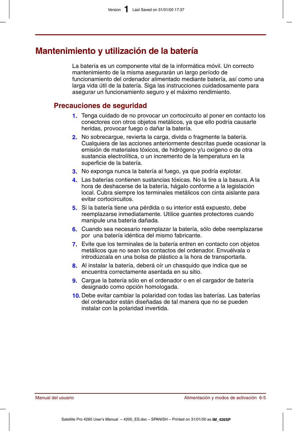 Mantenimiento y utilización de la batería, Mantenimiento y utilización de la batería -5, Precauciones de seguridad -5 | Precauciones de seguridad | Toshiba Satellite Pro 4280 User Manual | Page 85 / 238