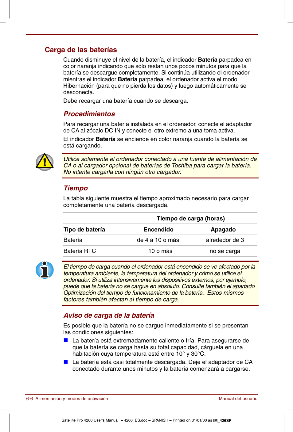 Carga de las baterías -6, Carga de las baterías | Toshiba Satellite Pro 4280 User Manual | Page 86 / 238