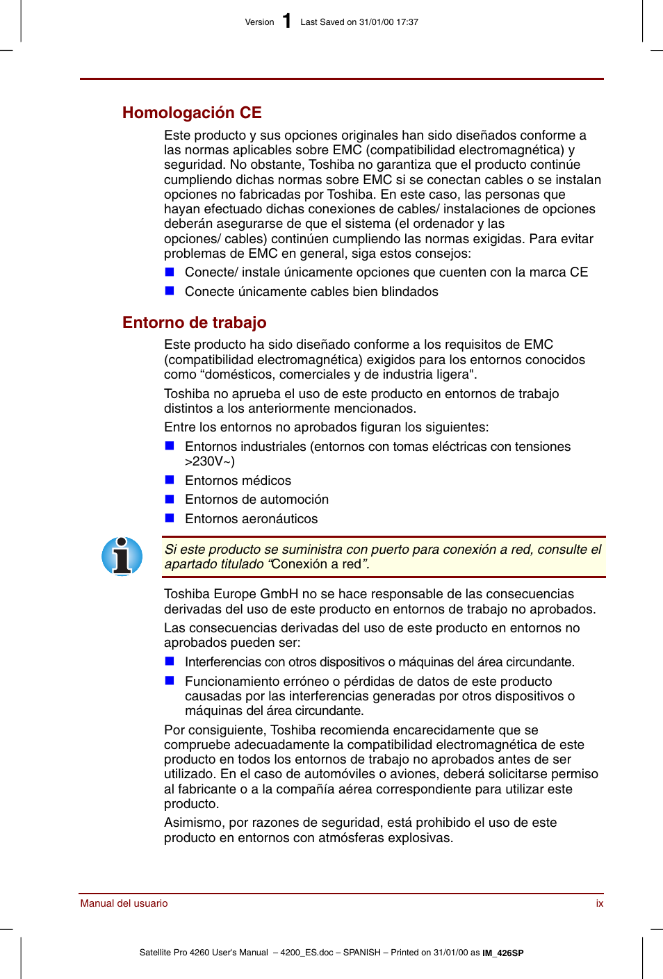 Homologación ce, Entorno de trabajo | Toshiba Satellite Pro 4280 User Manual | Page 9 / 238