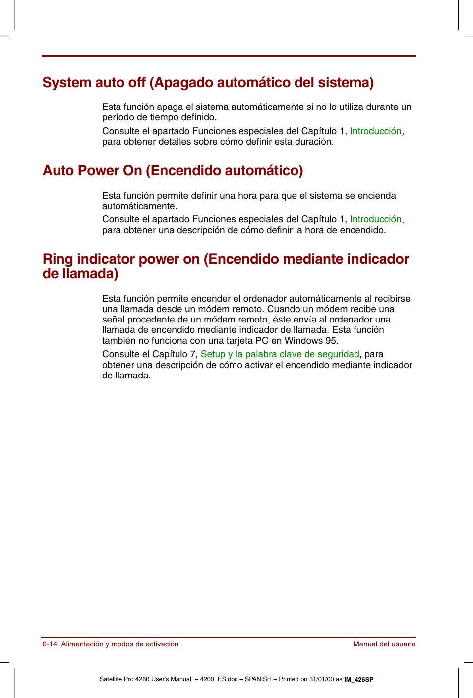 System auto off (apagado automático del sistema), Auto power on (encendido automático) | Toshiba Satellite Pro 4280 User Manual | Page 94 / 238