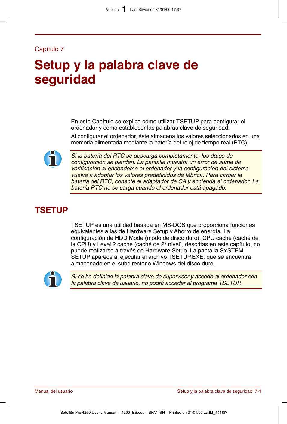 Capítulo 7, Setup y la palabra clave de seguridad, Tsetup | Capítulo 7: setup y la palabra clave de seguridad, Tsetup -1, Setup y la palabra clave, De seguridad, Setup y la palabra clave de, Seguridad, Para | Toshiba Satellite Pro 4280 User Manual | Page 95 / 238