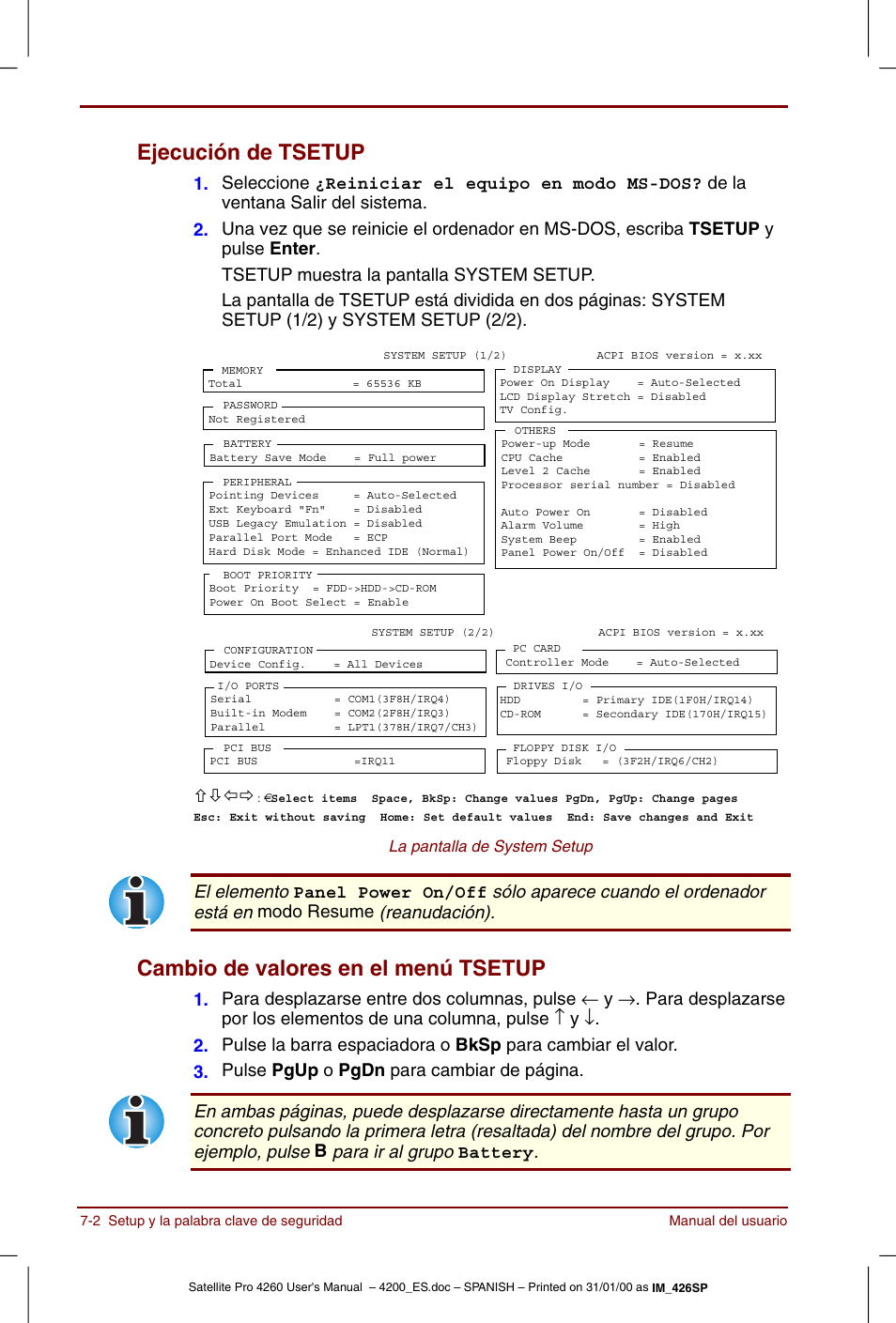 Ejecución de tsetup, Cambio de valores en el menú tsetup | Toshiba Satellite Pro 4280 User Manual | Page 96 / 238