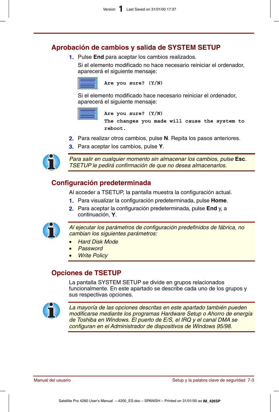 Aprobación de cambios y salida de system setup, Configuración predeterminada, Opciones de tsetup | Toshiba Satellite Pro 4280 User Manual | Page 97 / 238