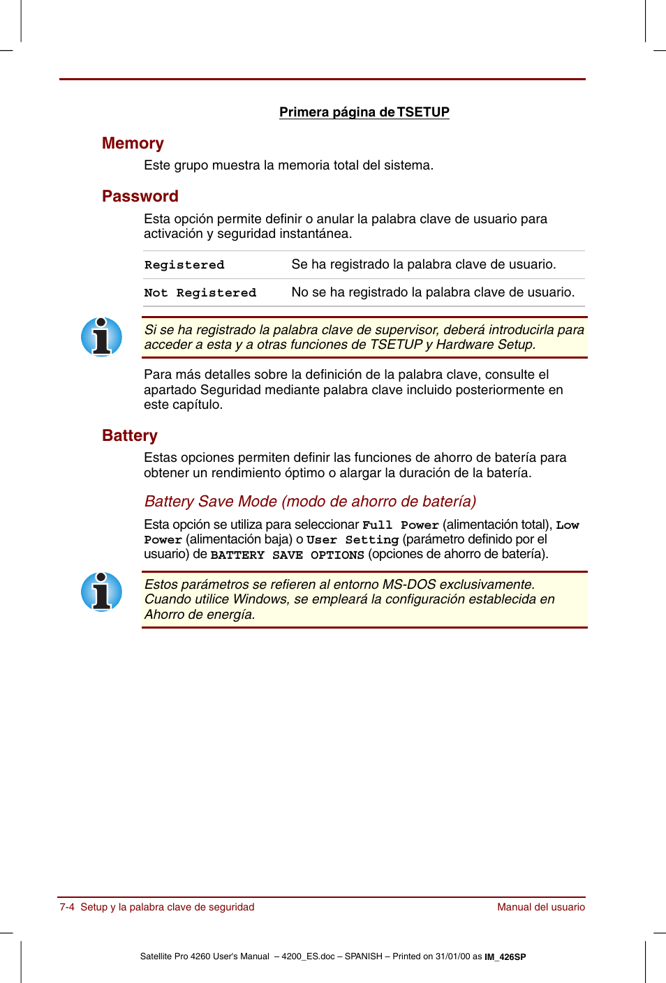 Memory -4 password -4 battery -4, Password, Battery | Toshiba Satellite Pro 4280 User Manual | Page 98 / 238