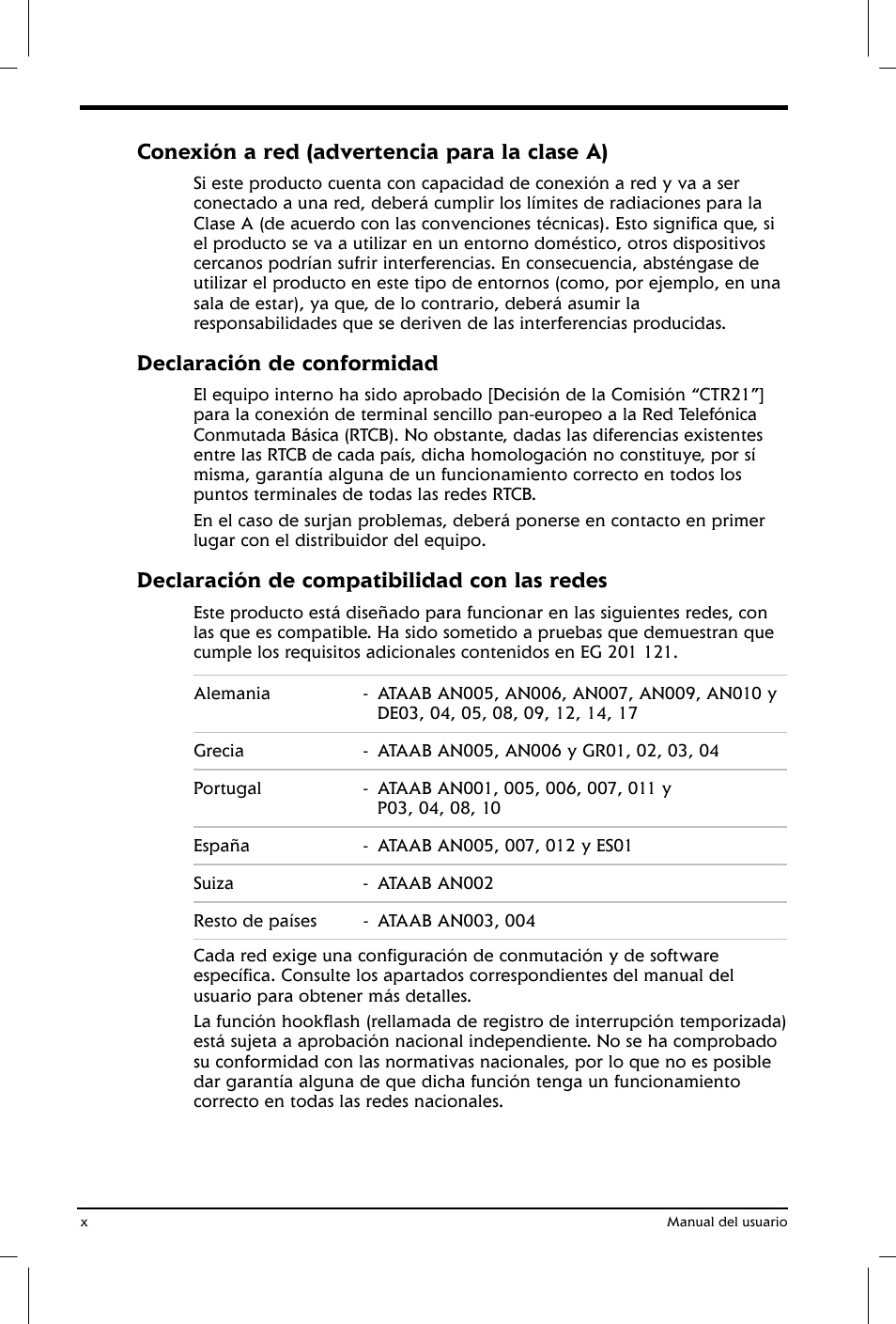 Conexión a red (advertencia para la clase a), Declaración de conformidad, Declaración de compatibilidad con las redes | Toshiba Satellite 2650 User Manual | Page 10 / 222