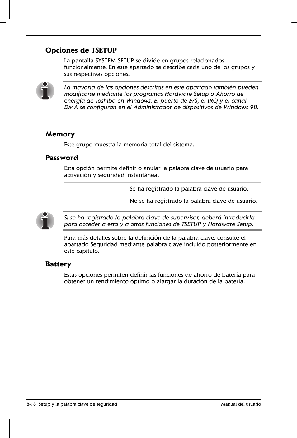 Opciones de tsetup, Password, Battery | Toshiba Satellite 2650 User Manual | Page 116 / 222