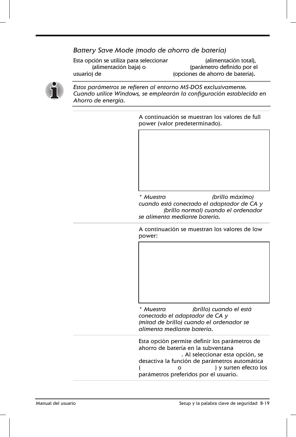 Battery save mode (modo de ahorro de batería) | Toshiba Satellite 2650 User Manual | Page 117 / 222