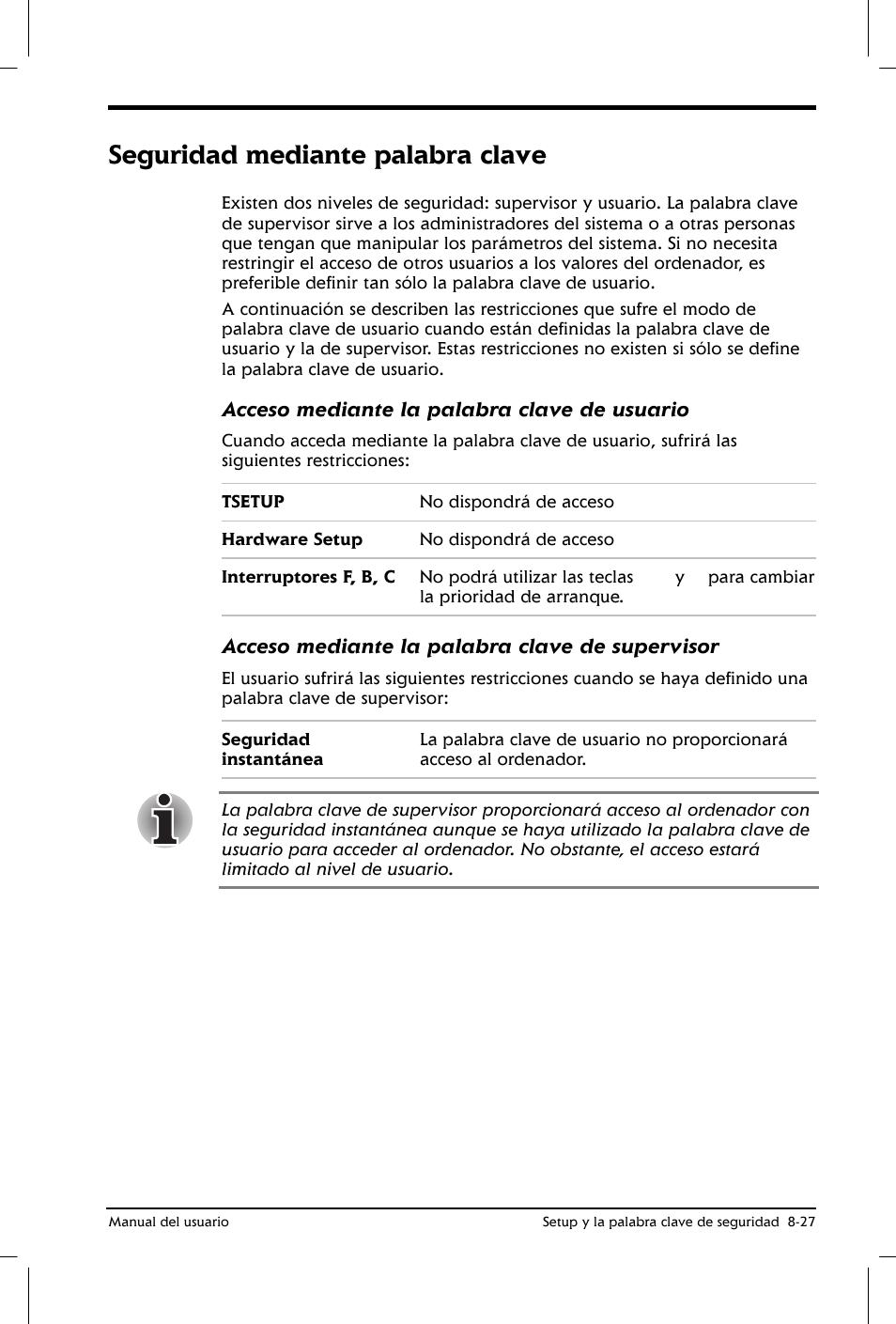 Seguridad mediante palabra clave | Toshiba Satellite 2650 User Manual | Page 125 / 222