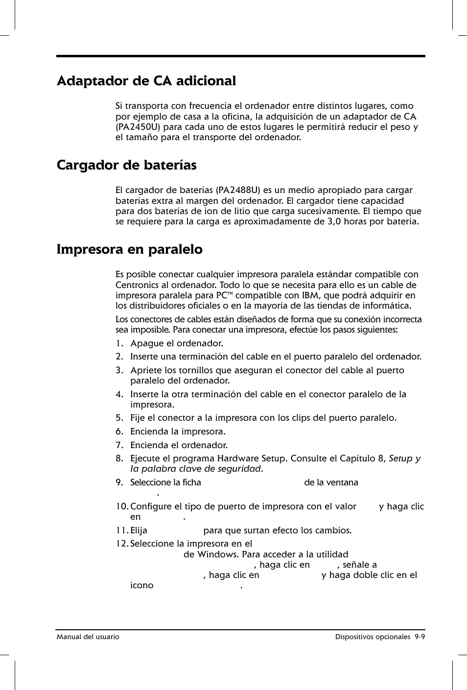 Adaptador de ca adicional, Cargador de baterías, Impresora en paralelo | Toshiba Satellite 2650 User Manual | Page 141 / 222