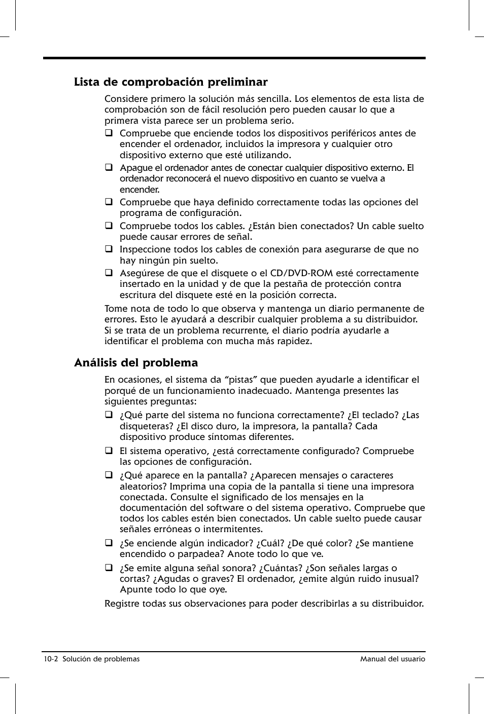 Lista de comprobación preliminar, Análisis del problema | Toshiba Satellite 2650 User Manual | Page 147 / 222