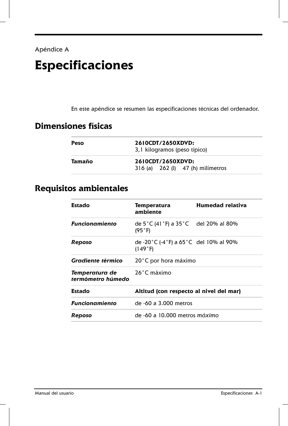 Especificaciones, Dimensiones físicas, Requisitos ambientales | Toshiba Satellite 2650 User Manual | Page 173 / 222