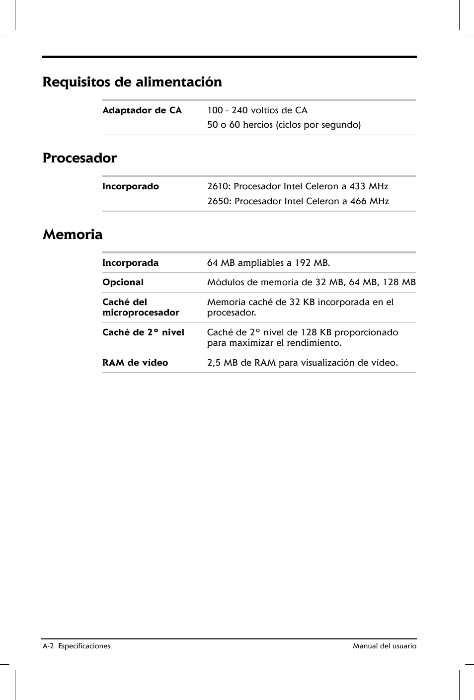 Requisitos de alimentación, Procesador | Toshiba Satellite 2650 User Manual | Page 174 / 222