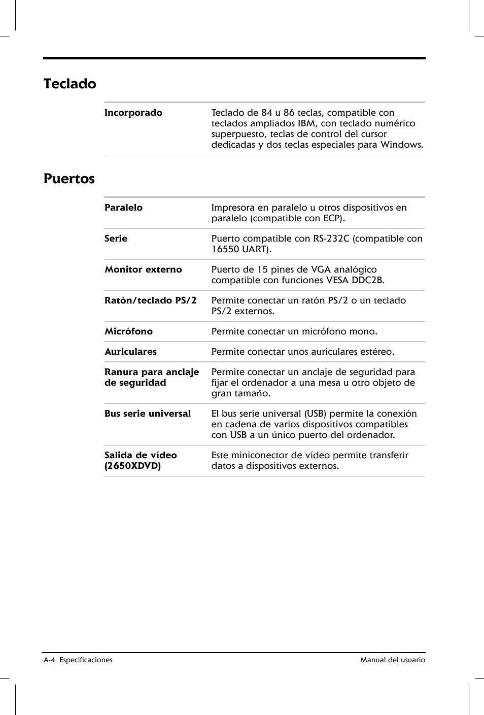 Teclado, Puertos | Toshiba Satellite 2650 User Manual | Page 176 / 222