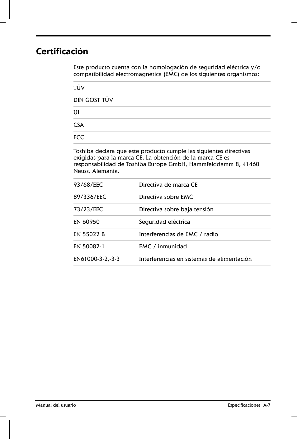 Certificación | Toshiba Satellite 2650 User Manual | Page 179 / 222