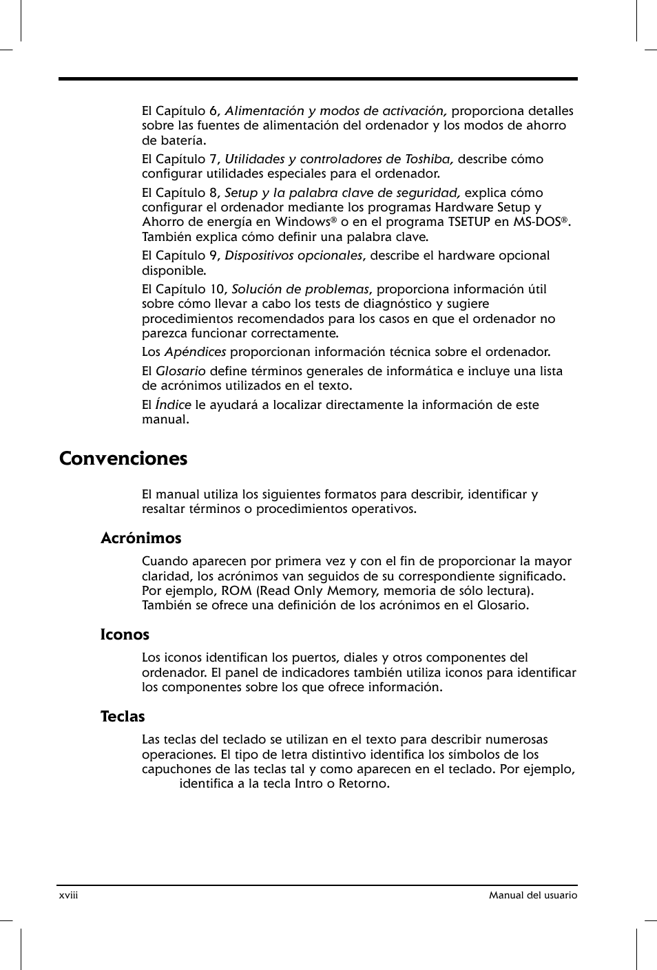 Convenciones, Acrónimos, Iconos | Teclas | Toshiba Satellite 2650 User Manual | Page 18 / 222