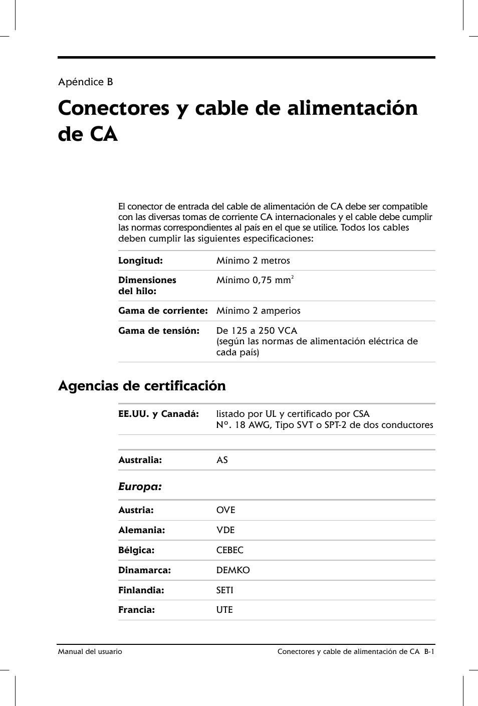 Conectores y cable de alimentación de ca, Agencias de certificación | Toshiba Satellite 2650 User Manual | Page 180 / 222