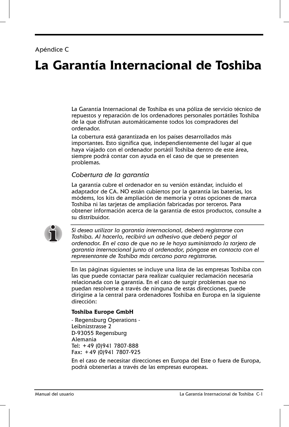 La garantía internacional de toshiba | Toshiba Satellite 2650 User Manual | Page 182 / 222