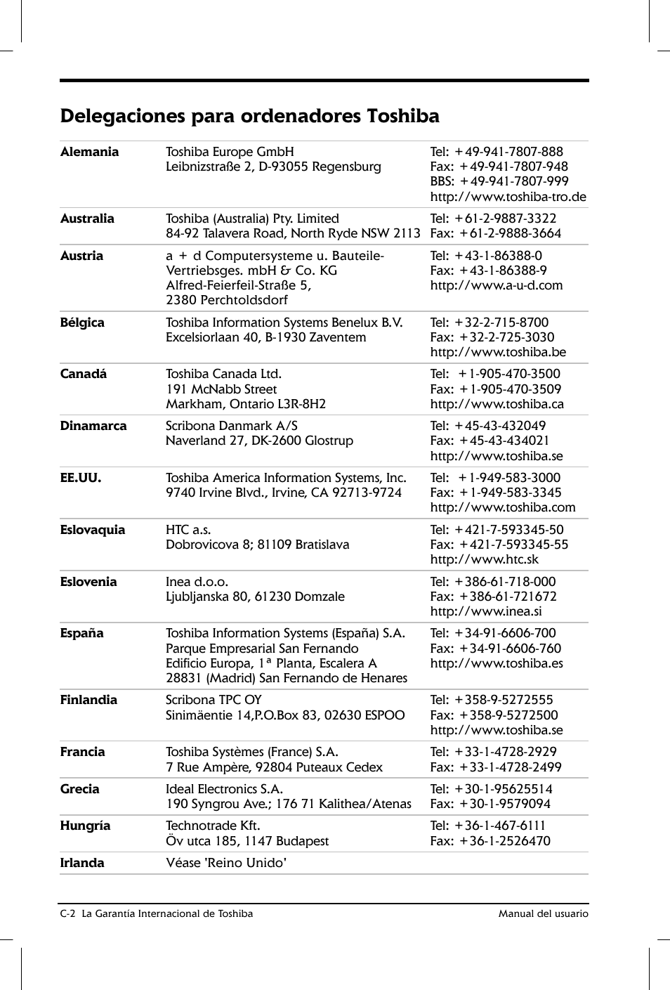 Delegaciones para ordenadores toshiba | Toshiba Satellite 2650 User Manual | Page 183 / 222