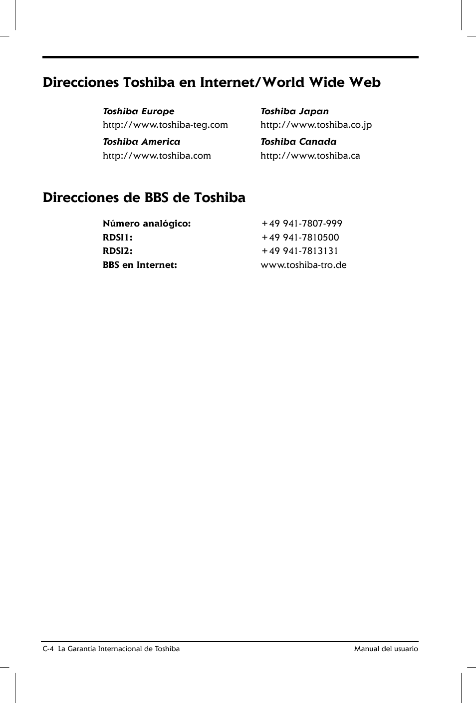 Direcciones toshiba en internet/world wide web, Direcciones de bbs de toshiba | Toshiba Satellite 2650 User Manual | Page 185 / 222