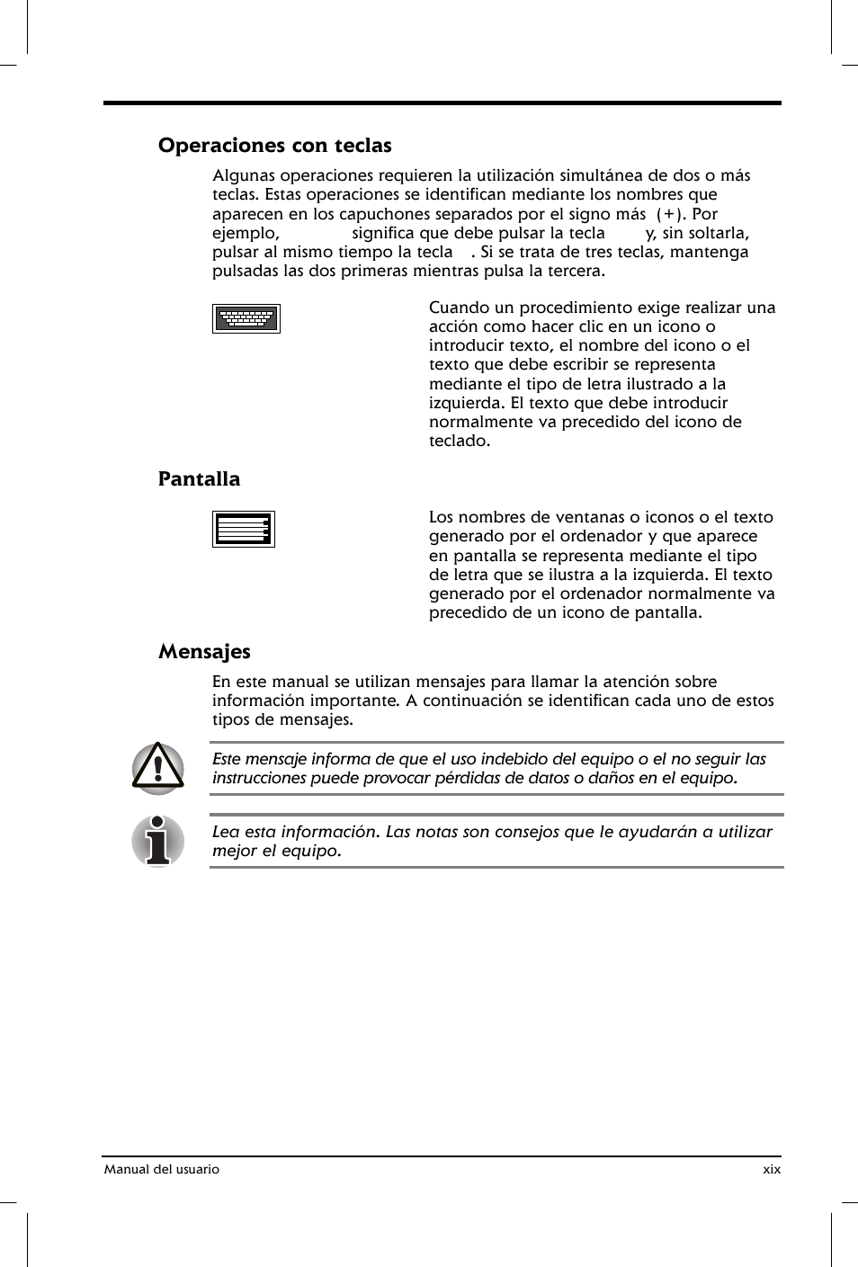 Operaciones con teclas, Pantalla, Mensajes | Toshiba Satellite 2650 User Manual | Page 19 / 222