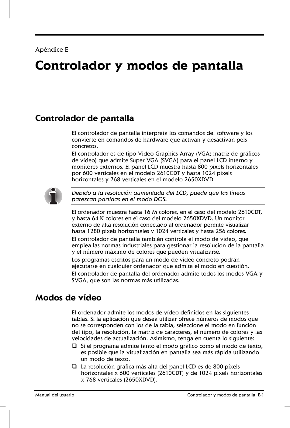 Controlador y modos de pantalla, Controlador de pantalla, Modos de vídeo | Toshiba Satellite 2650 User Manual | Page 191 / 222