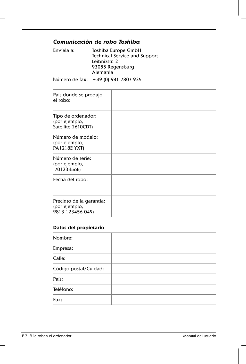 Comunicación de robo toshiba | Toshiba Satellite 2650 User Manual | Page 195 / 222