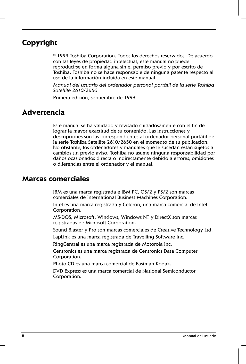 Copyright, Advertencia, Marcas comerciales | Toshiba Satellite 2650 User Manual | Page 2 / 222