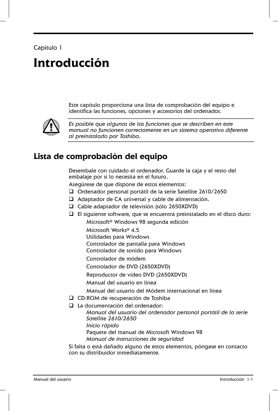 Introducción, Lista de comprobación del equipo | Toshiba Satellite 2650 User Manual | Page 20 / 222