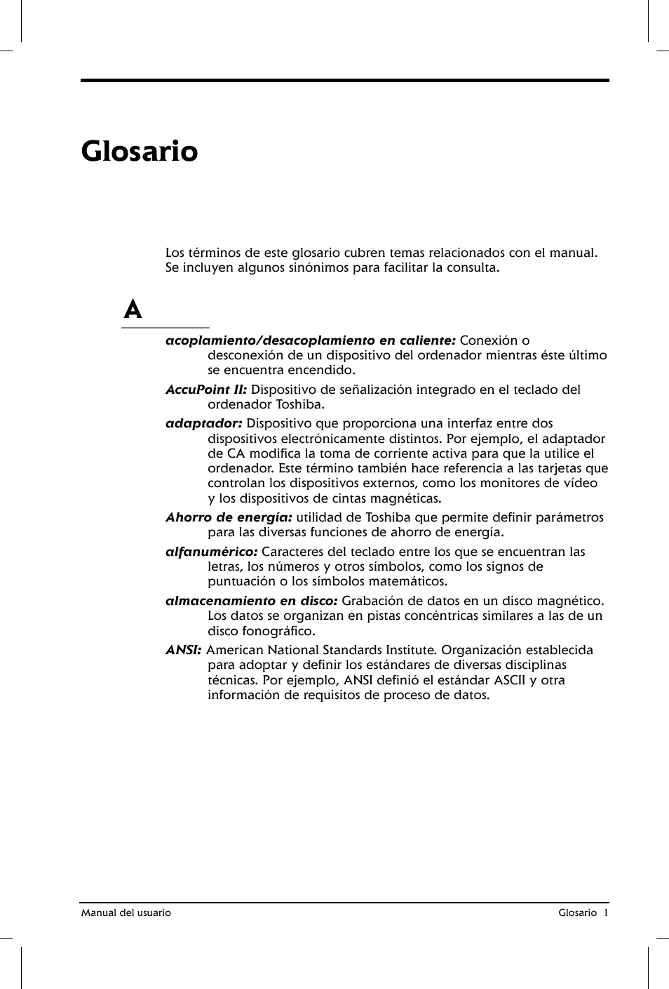 Glosario | Toshiba Satellite 2650 User Manual | Page 202 / 222