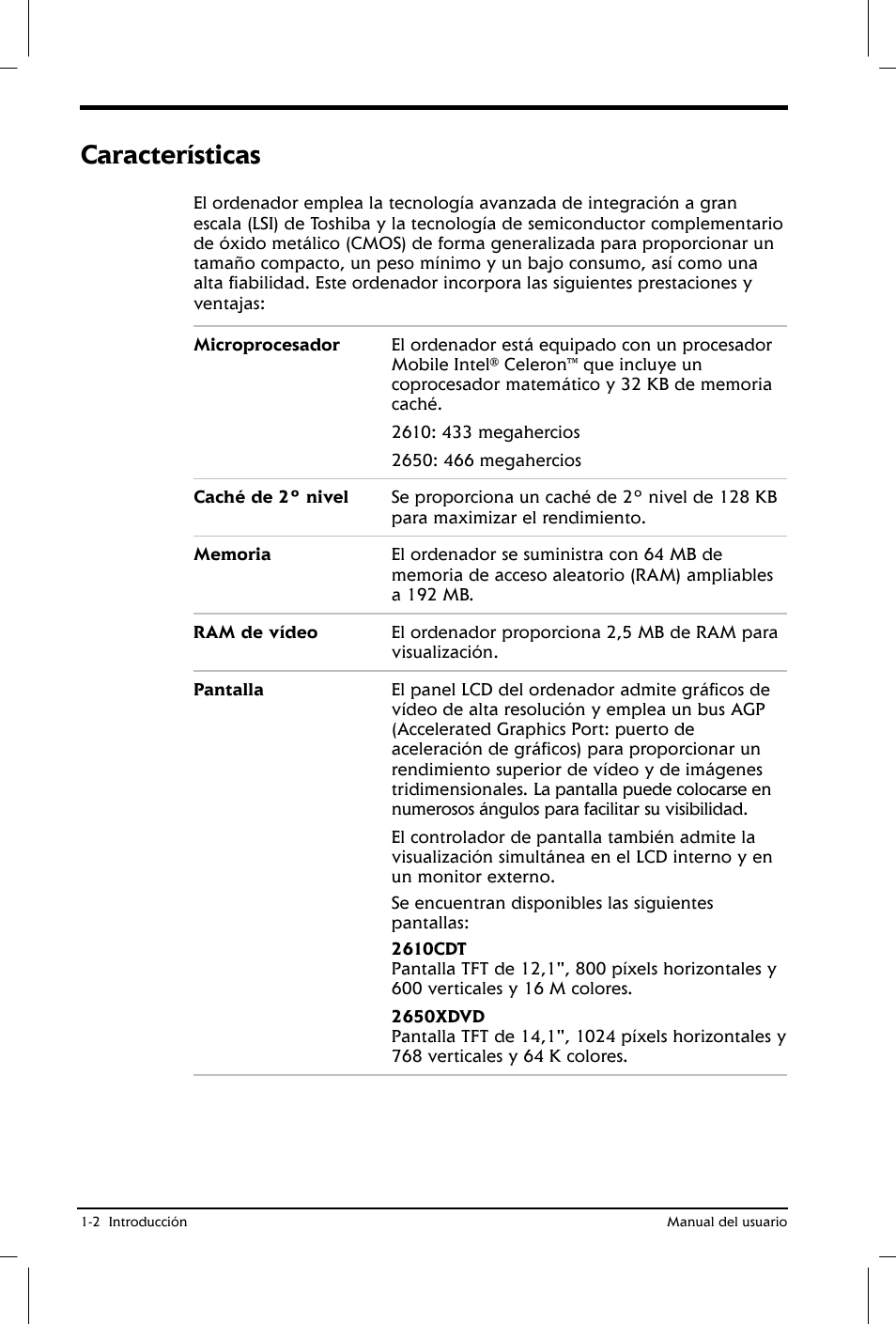 Características | Toshiba Satellite 2650 User Manual | Page 21 / 222