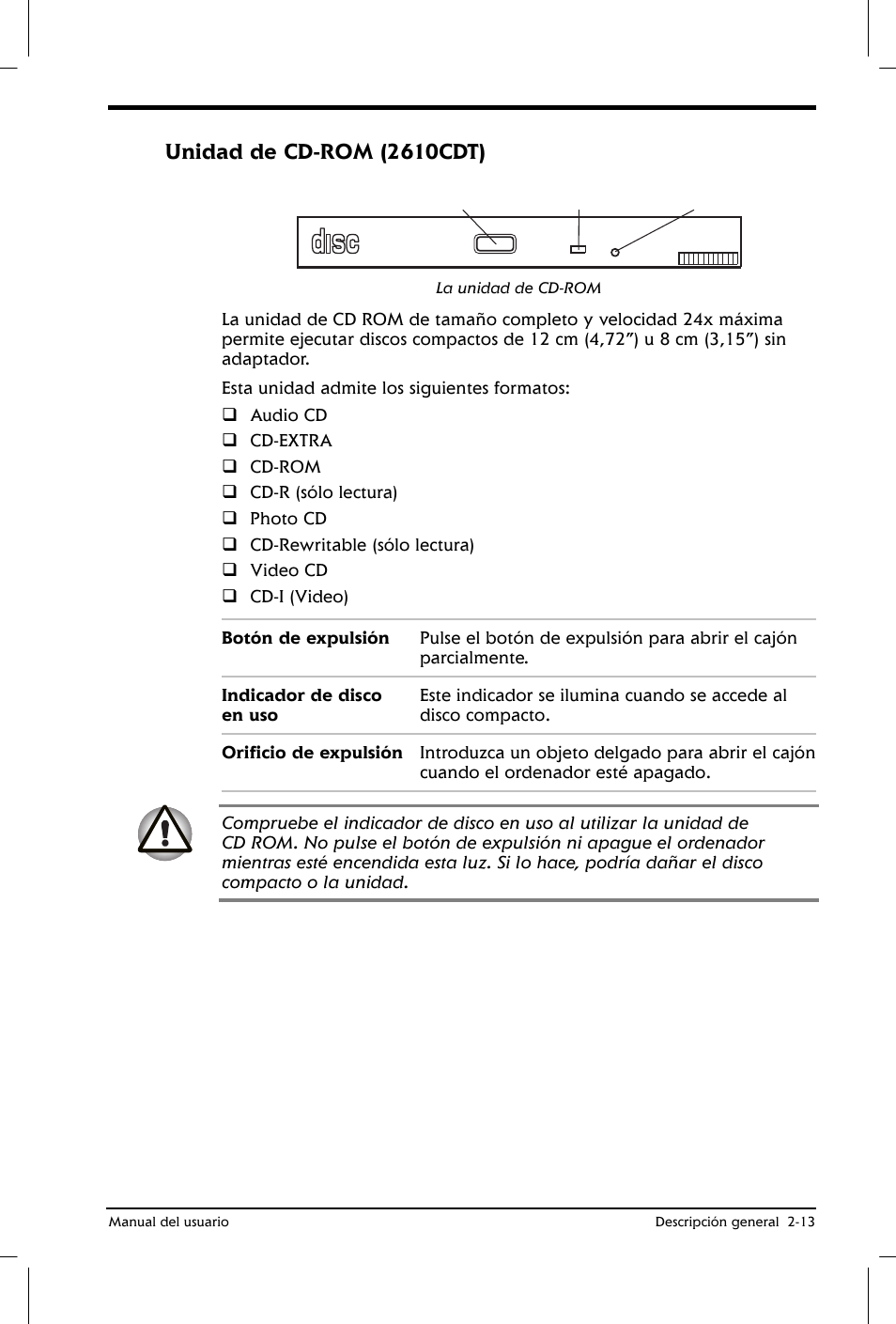 Unidad de cd-rom (2610cdt) | Toshiba Satellite 2650 User Manual | Page 42 / 222