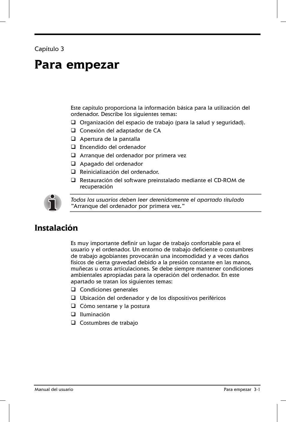 Para empezar, Instalación | Toshiba Satellite 2650 User Manual | Page 46 / 222