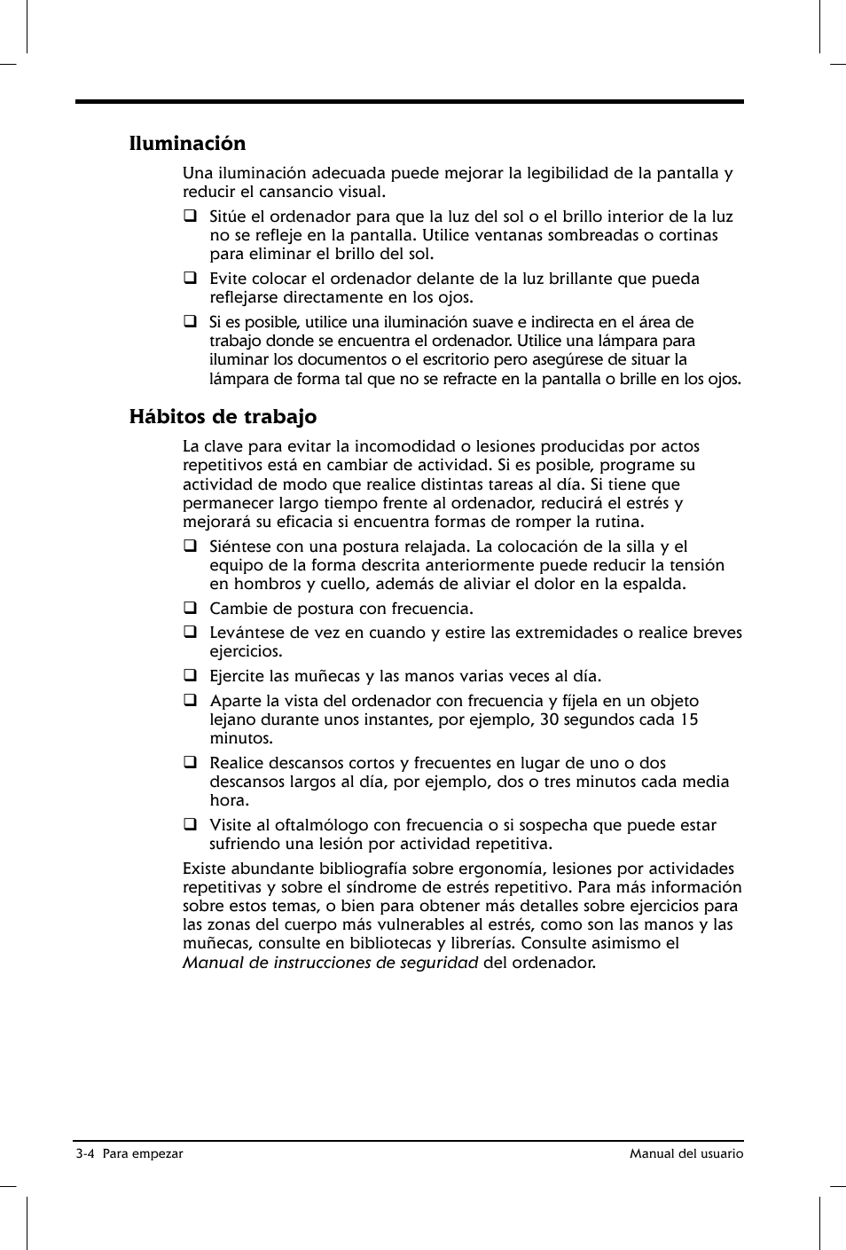 Iluminación, Hábitos de trabajo | Toshiba Satellite 2650 User Manual | Page 49 / 222