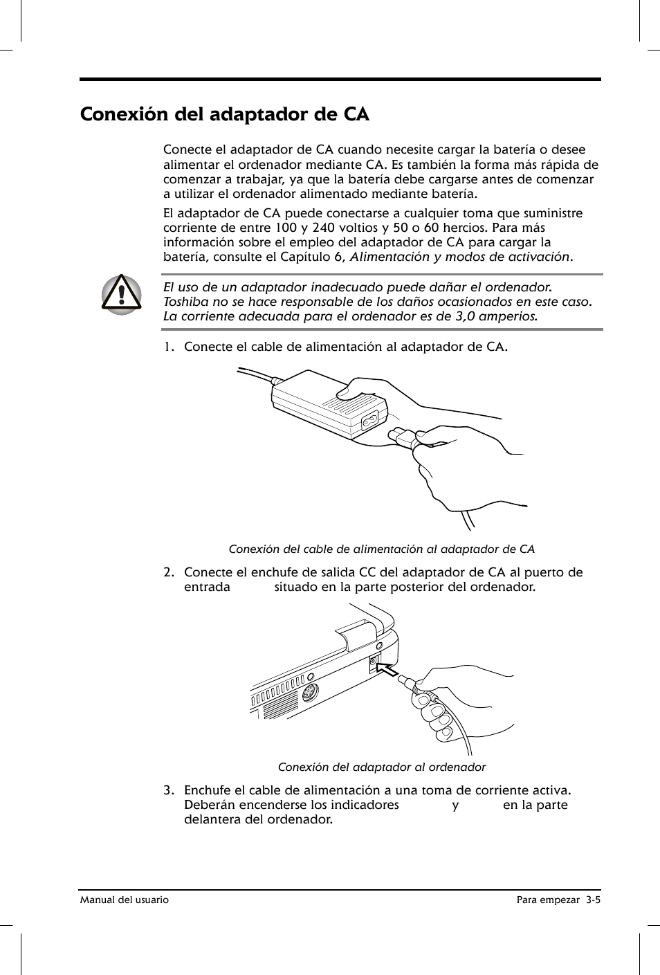 Conexión del adaptador de ca | Toshiba Satellite 2650 User Manual | Page 50 / 222