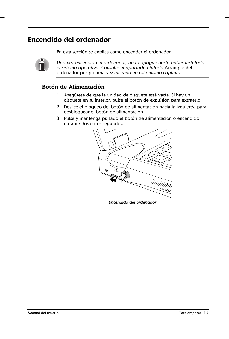 Encendido del ordenador, Botón de alimentación | Toshiba Satellite 2650 User Manual | Page 52 / 222