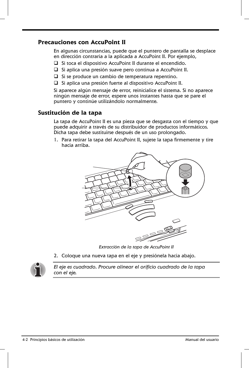 Precauciones con accupoint ii, Sustitución de la tapa | Toshiba Satellite 2650 User Manual | Page 60 / 222