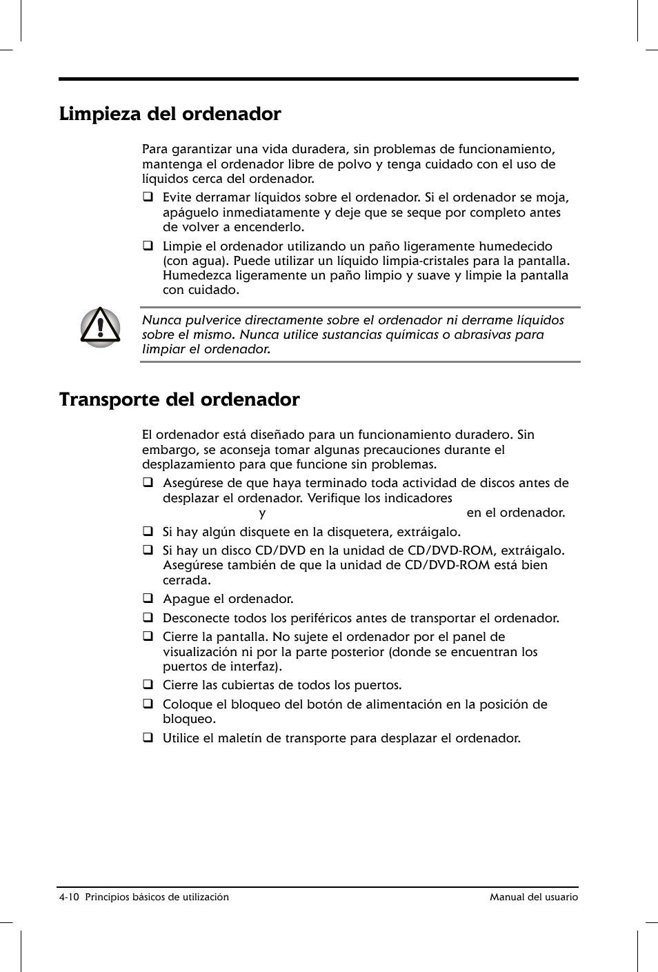 Limpieza del ordenador, Transporte del ordenador | Toshiba Satellite 2650 User Manual | Page 68 / 222